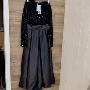 Black Long Sleeve Sequin Bodice Satin A-Line Evening Dress